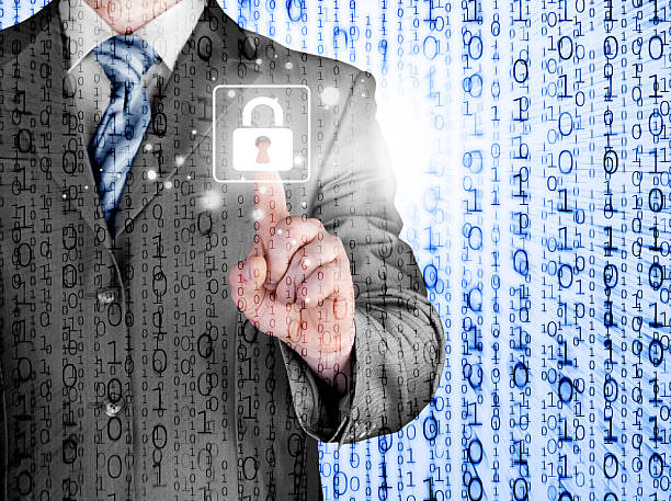 istock Businessman touch lock on world map  background 533847349