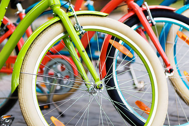 istock Three beautiful lady city bikes 533847412