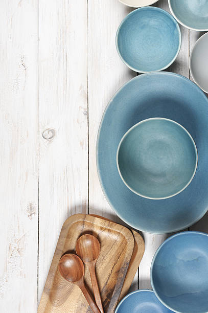istock Blue crockery on white wood 533848646