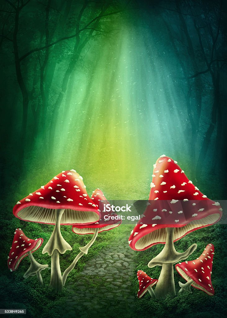 Enchanted dark forest Enchanted dark forest with mushrooms Edible Mushroom stock illustration