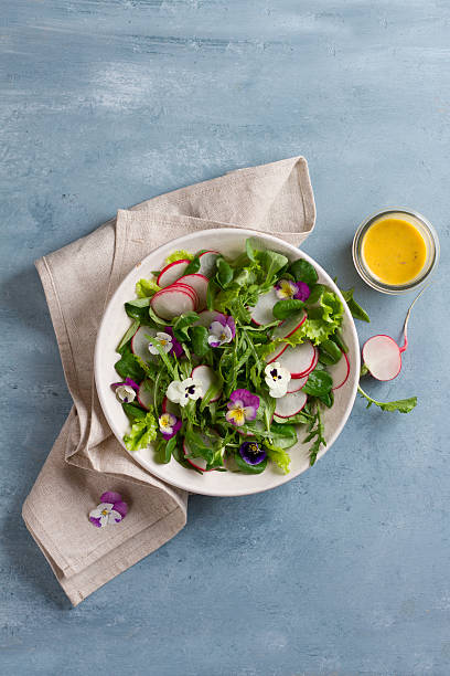 Spring salad with radishes, edible flower and sauce stock photo