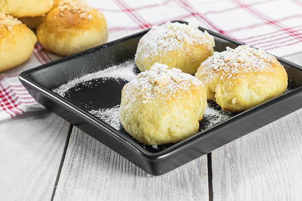 Sugared Czech Traditional Wedding Curds Cakes on a Black Tray stock photo