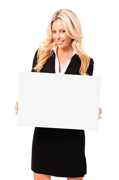 Businesswoman with Blank Sign Isolated on White Background Businesswoman with Blank Sign Isolated on White Background  spokesmodel stock pictures, royalty-free photos & images