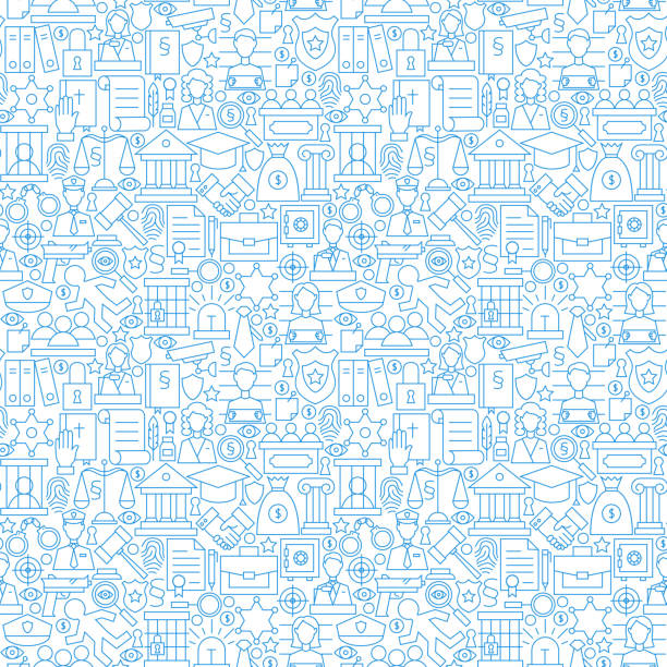 Thin Line Law Attorney and Justice White Seamless Pattern Thin Line Law Attorney and Justice White Seamless Pattern. Vector Website Design and Seamless Background in Trendy Modern Outline Style. Lawyer and Crime. law patterns stock illustrations
