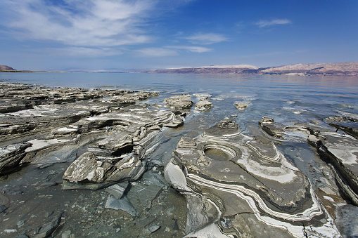 he Dead Sea  also called the Salt Sea, is a salt lake bordered by Jordan to the east and Israel and the West Bank to the west.