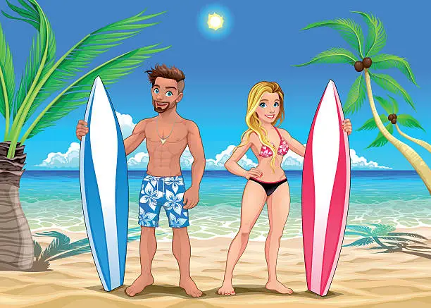 Vector illustration of Two surfers on the beach