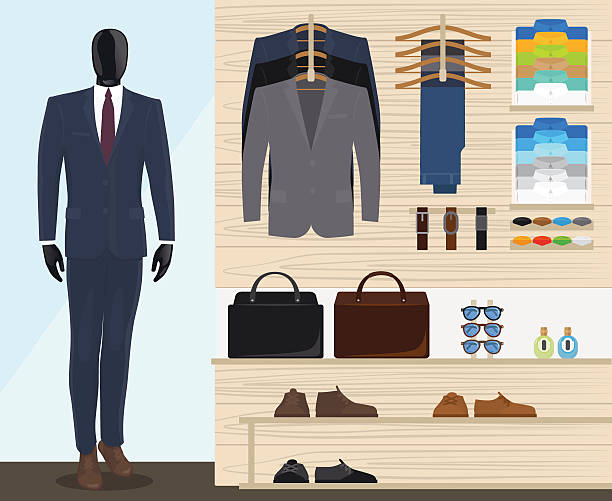 Man clothing store Man clothing store vector illustration. Mens clothes shop mens fashion stock illustrations