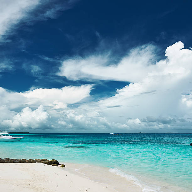 istock Beautiful island beach with motor boat 533886773