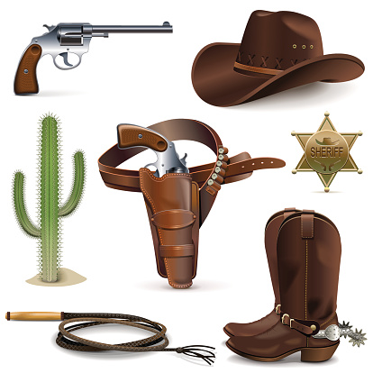 Vector Cowboy icons, including hat, shoes and others western attributes, isolated on white background