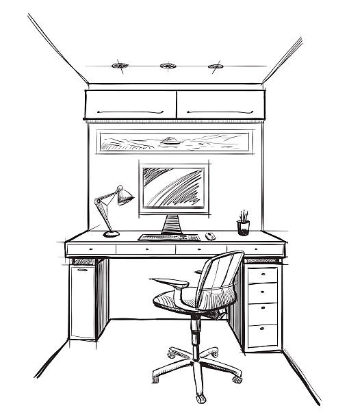 Home office interior sketch. vector art illustration