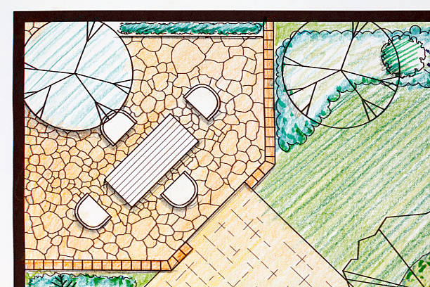 ilustraciones, imágenes clip art, dibujos animados e iconos de stock de patio con jardín con piedra plan patio - landscape design landscaped plan