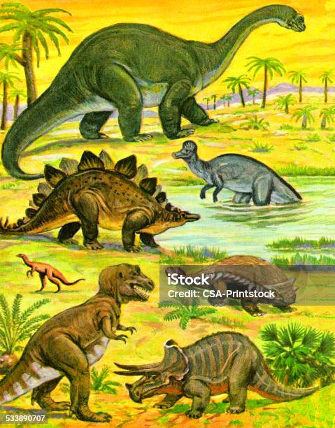 Variety Of Dinosaurs Stock Illustration - Download Image Now - Pond, Tyrannosaurus Rex, Triceratops