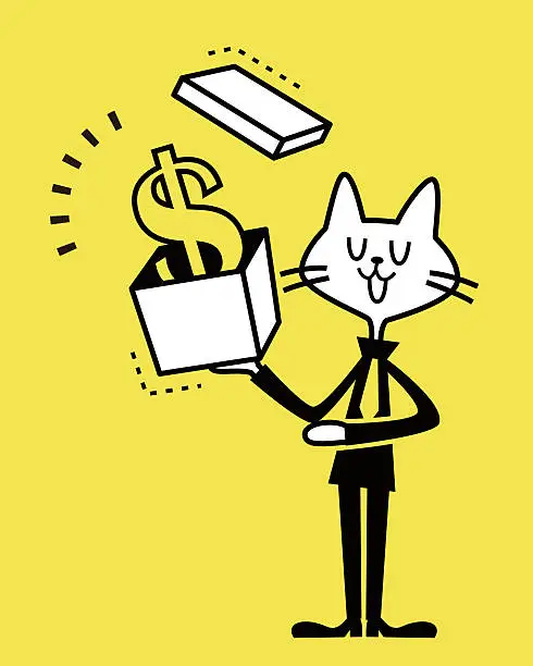 Vector illustration of Business Cat showing a gift box with money