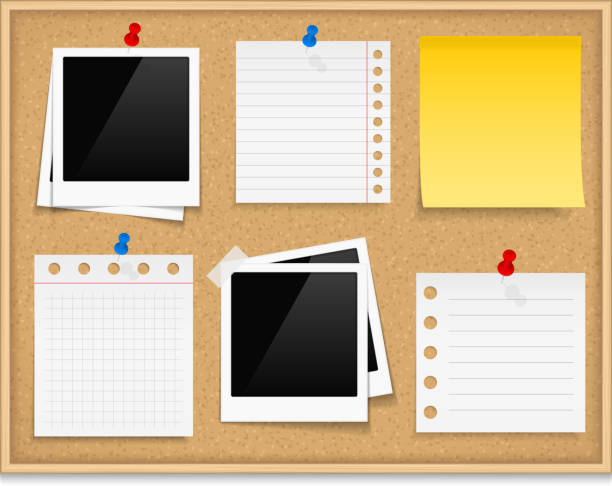 Bulletin Board Bulletin board with photos and paper notes, vector eps10 illustration adhesive note photos stock illustrations