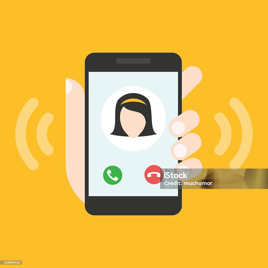 Incoming call on smartphone screen Incoming call on smartphone screen. Calling service. Hand holds smartphone. Using Phone stock vector