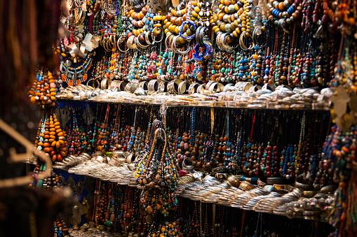 Moroccan colorful handmade beads and jewellery in a street market - Marrakesh souk, Morocco