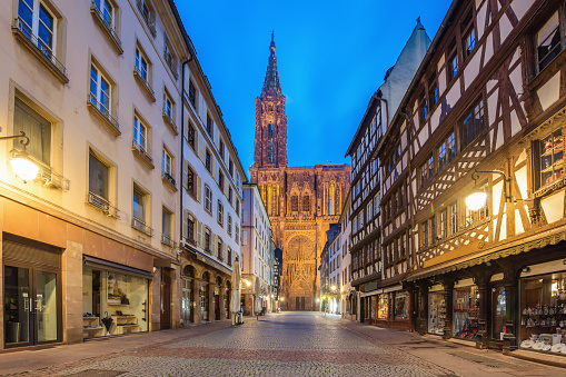 Cathedral of Our Lady (Notre Dame) of Strasbourg at night in Alsace, France