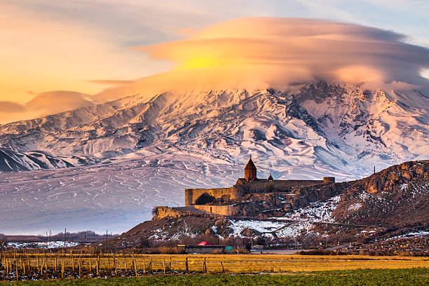 Mount Ararat from Armenia. Sunrise over Ararat in Armenia with Khor Virap Monastery caucasus stock pictures, royalty-free photos & images