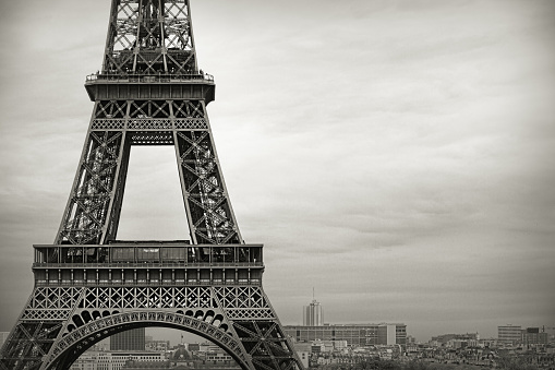 Eiffel Tower landscape. BW, sepia toned photo