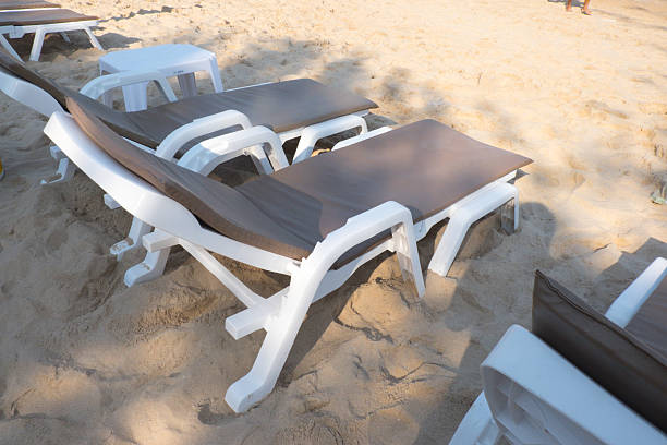 istock Beach bed, prepared for guests on sea beach background 533902614