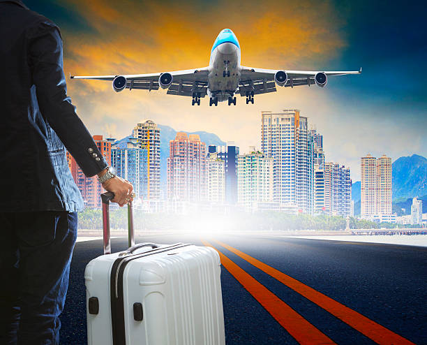 istock young business man and luggage with plane flying above 533904111