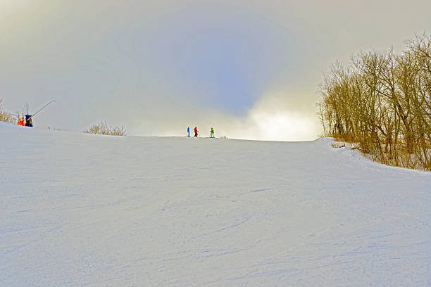 Ski tracks from heli skiing. Backcountry skiing tracks. Winter vacations.