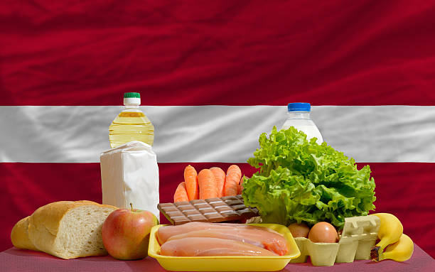 istock basic food groceries in front of latvia national flag 533909485