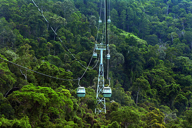 Skyrail Rainforest Cableway Barron Gorge National Park Queensland Skyrail Rainforest Cableway, a 7.5 kilometre scenic cableway running above the Barron Gorge National Park a World Heritage in the Wet Tropics of Queensland, Australia. overhead cable car stock pictures, royalty-free photos & images