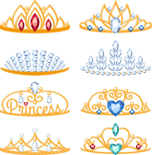 набор beautyful золотой tiaras с камнями. - diadem red green blue stock illustrations