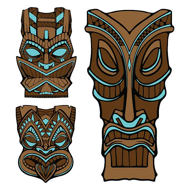 Vector illustration of Hawaiian tiki god statue carved wood