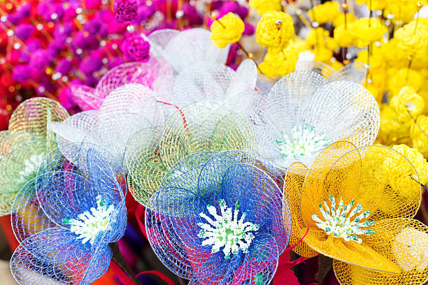 Kolkata, West Bengal, India - December 14, 2014: spongewood made artificial colored flowers, handicrafts on display in Handicraft Fair in Kolkata - the biggest handicrafts fair in Asia.