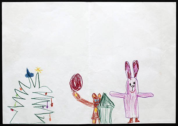 Rabbit and Bear next to the Christmas Tree. Child's Drawing.