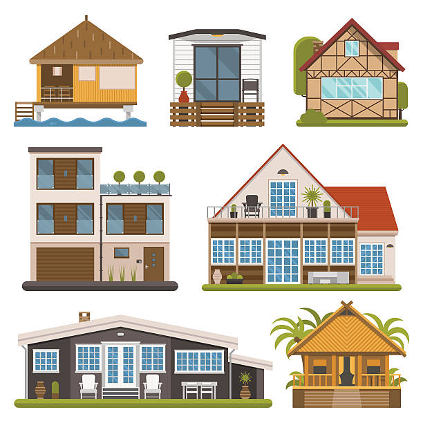 ilustrações de stock, clip art, desenhos animados e ícones de conjunto de bungalows, apartamentos e casa para alugar - casas de madeira modernas