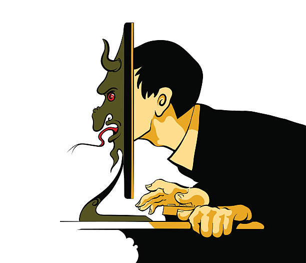 Internet Troll sitting at the computer Internet Troll sitting at the computer. Vector illustration without gradients. spam meat stock illustrations