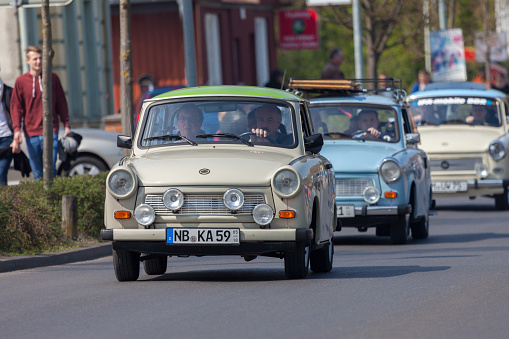 Altentreptow, Germany - May 1, 2016: german trabant car drives on a street at oldtimer show on may 1, 2016 in altentreptow, germany.