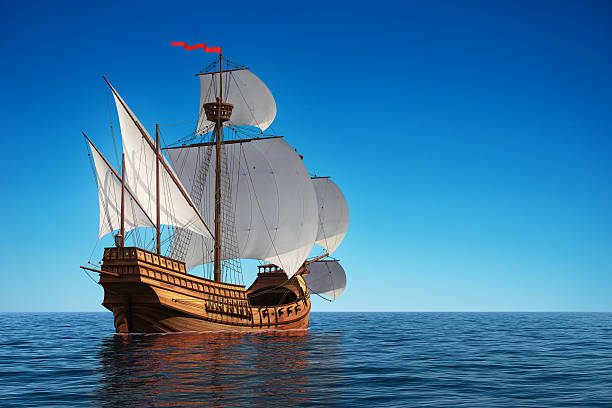 Caravel In The Ocean Old Caravel In The Ocean. 3D Illustration. sailing ship stock pictures, royalty-free photos & images