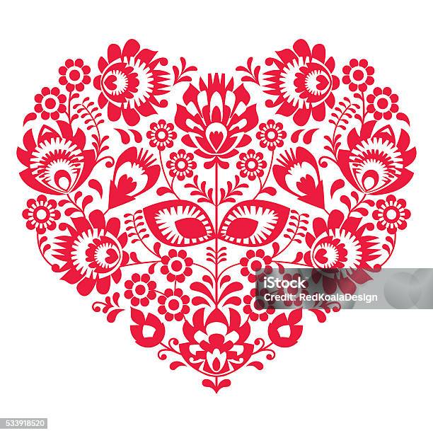 Valentines Day Folk Art Red Heart Polish Pattern Stock Illustration - Download Image Now - Folk Music, Poland, Polish Culture