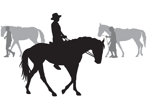 Boy riding a horse. Horse riding walk. Silhouette on a white background.