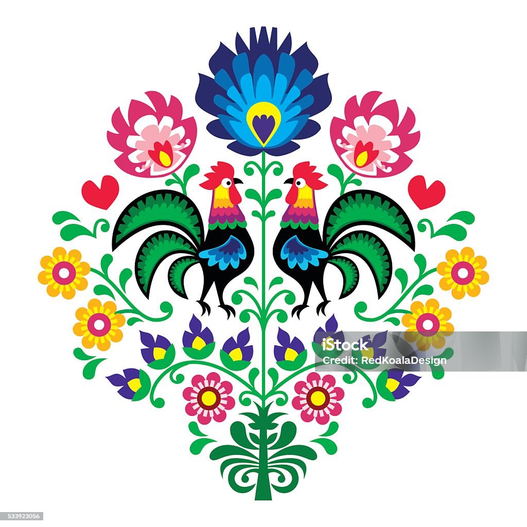 Polish folk embroidery with roosters - floral pattern Decorative traditional vector colorful pattern with flowers and roosters isolated on white Animal Markings stock vector