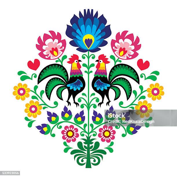 Polish Folk Embroidery With Roosters Floral Pattern Stock Illustration - Download Image Now
