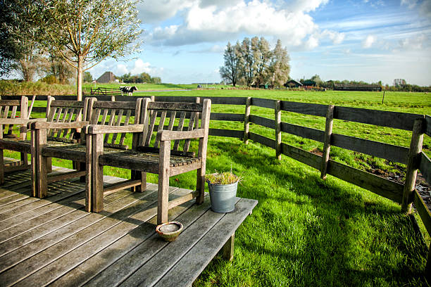 bauernhaus veranda mit vintage stühle vor der kulisse - cowboy blue meadow horizontal stock-fotos und bilder