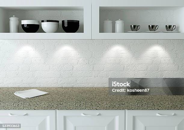 White Kitchen Design Stock Photo - Download Image Now - 2015, Backgrounds, Brick