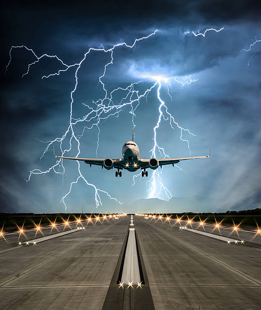 Stormy Runway Airplane landing on runway in stormy weather with lightning. wow airlines stock pictures, royalty-free photos & images