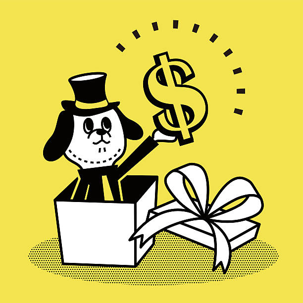 illustrations, cliparts, dessins animés et icônes de chien d'affaires montrant une boîte-cadeau avec de l'argent - currency perks gift bow
