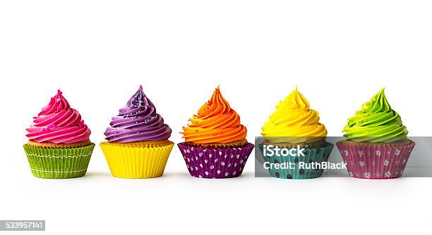 Colorful Cupcakes Stock Photo - Download Image Now - Cupcake, White Background, Cake