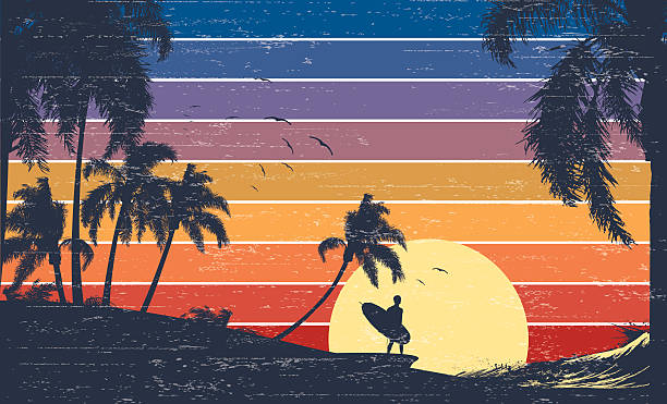 ilustraciones, imágenes clip art, dibujos animados e iconos de stock de surfer puesta de sol retro - surfing beach surf wave