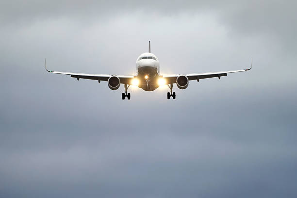 istock Aircraft on landing approach and headlights 533958433