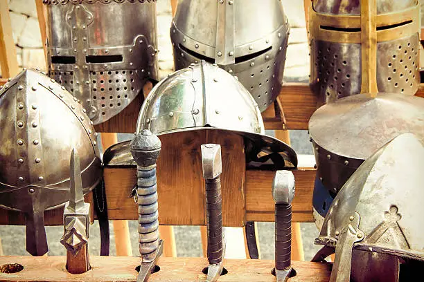 Armor knight Medieval, helmets and swords.