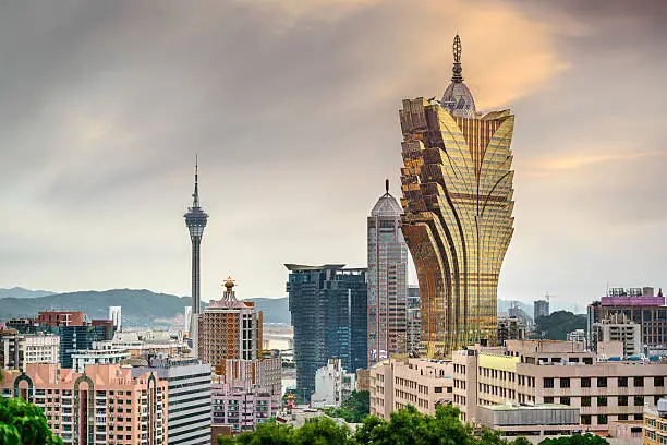 Macau, China skyline of casino hotels.