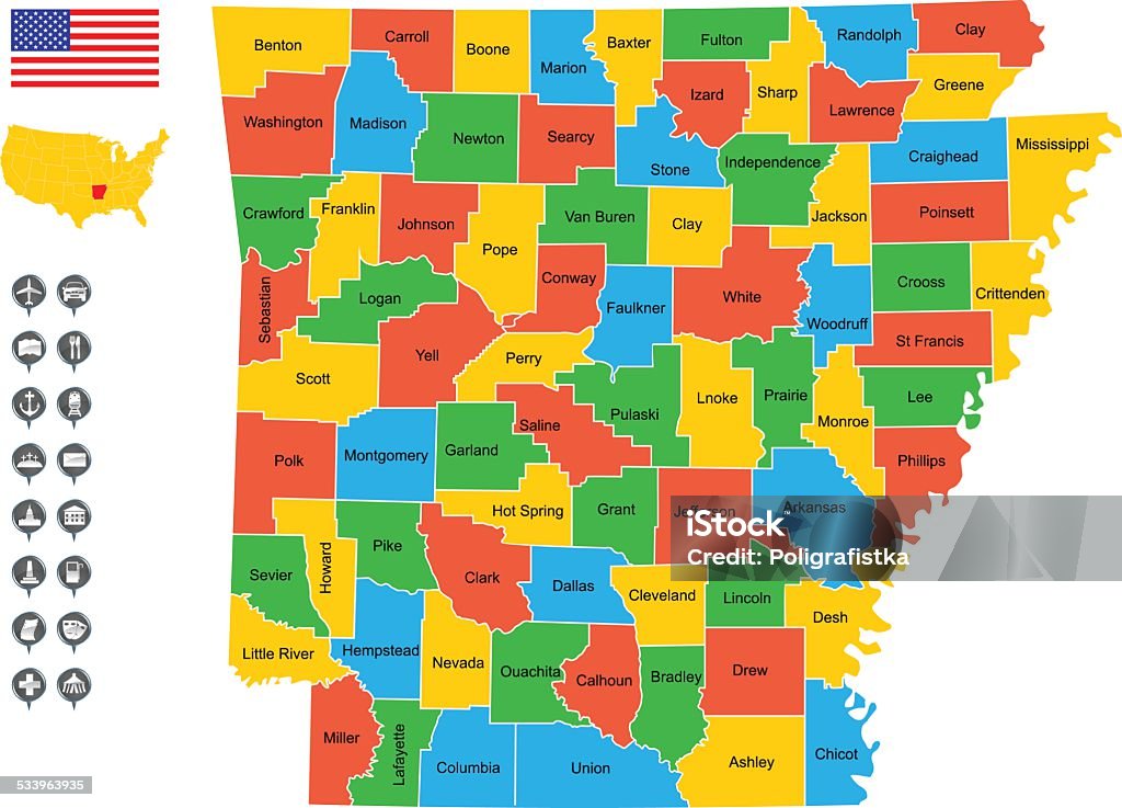 Detallado Vector Map of Arkansas - arte vectorial de 2015 libre de derechos